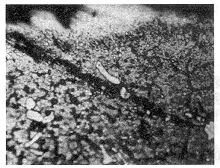 图9　电火花线切割产生的白亮层　×400